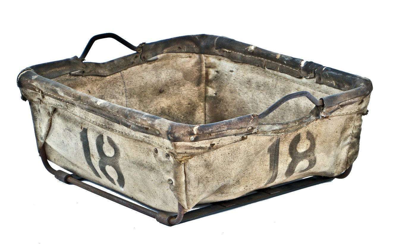 reinforced c. 1940's american industrial stitched canvas factory machine shop storage bin with original black painted stenciled numbers