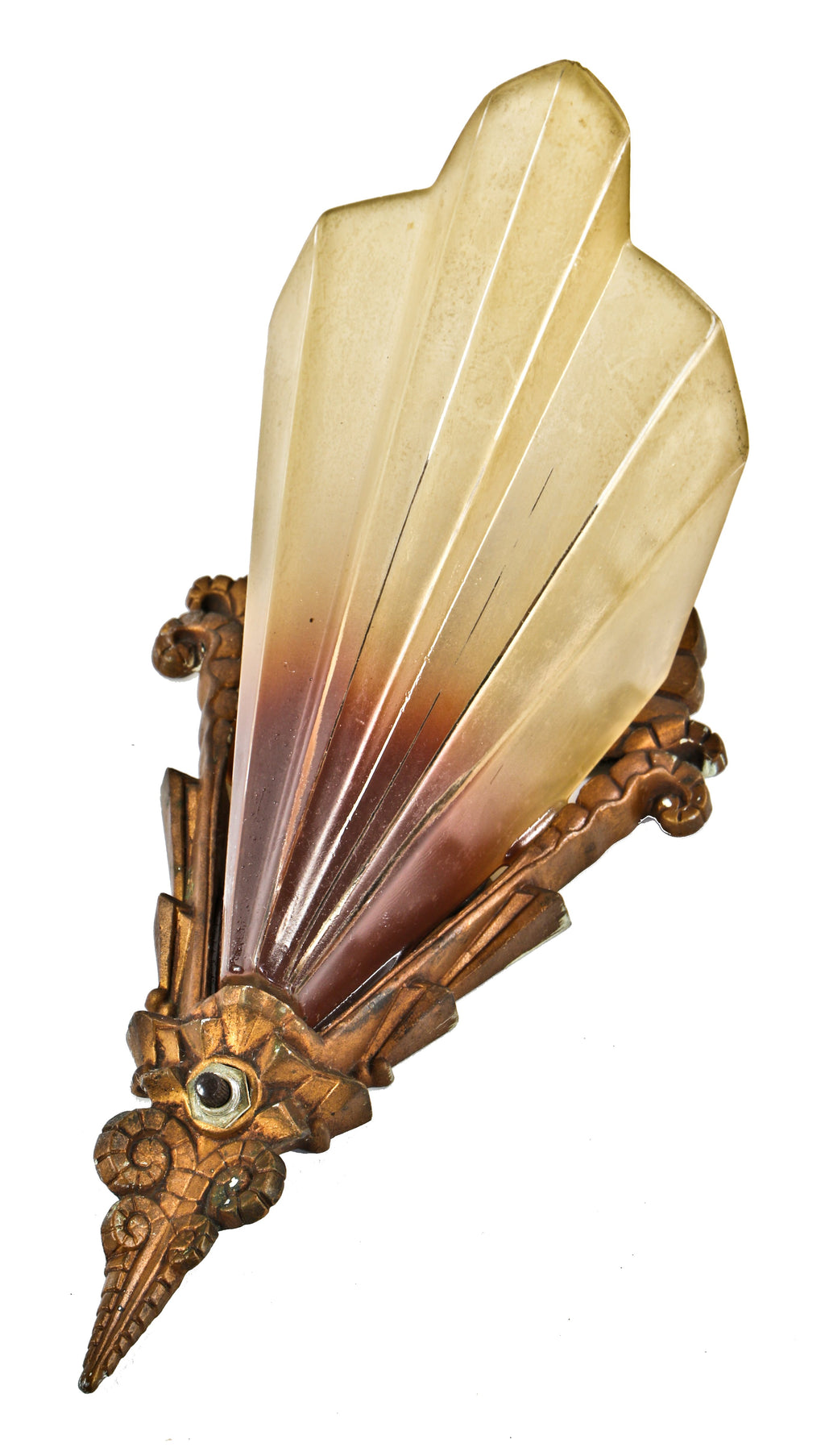 one of three highly desirable c. 1930's american art deco style "soleure" pattern interior residential wall sconce with original bronze-plated shade fitter