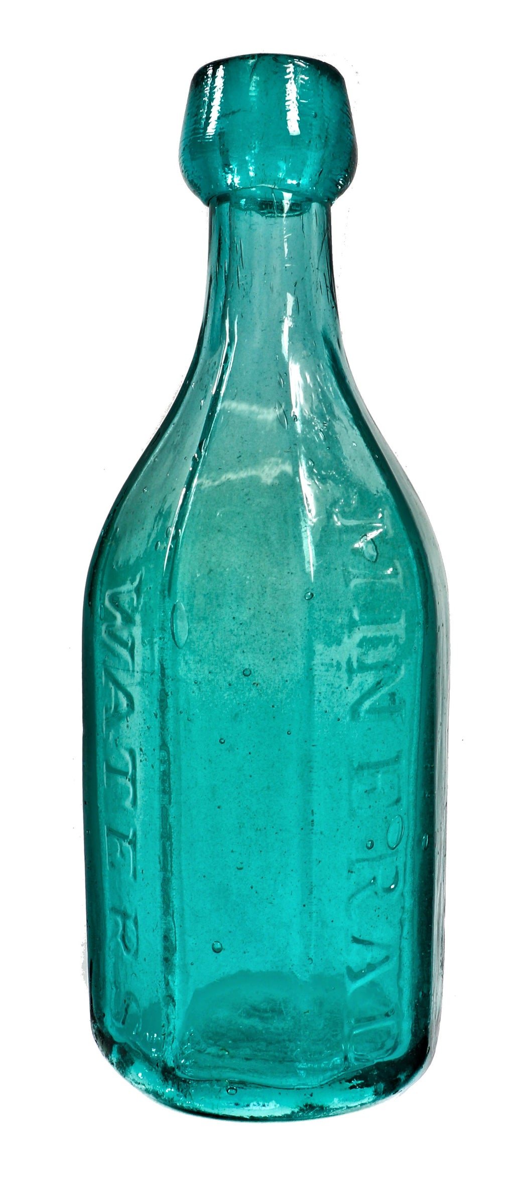 hard to find antique intact mid-nineteenth century vibrant aqua marine glass multi-sided "superior mineral water" manufactured for unknown bottler