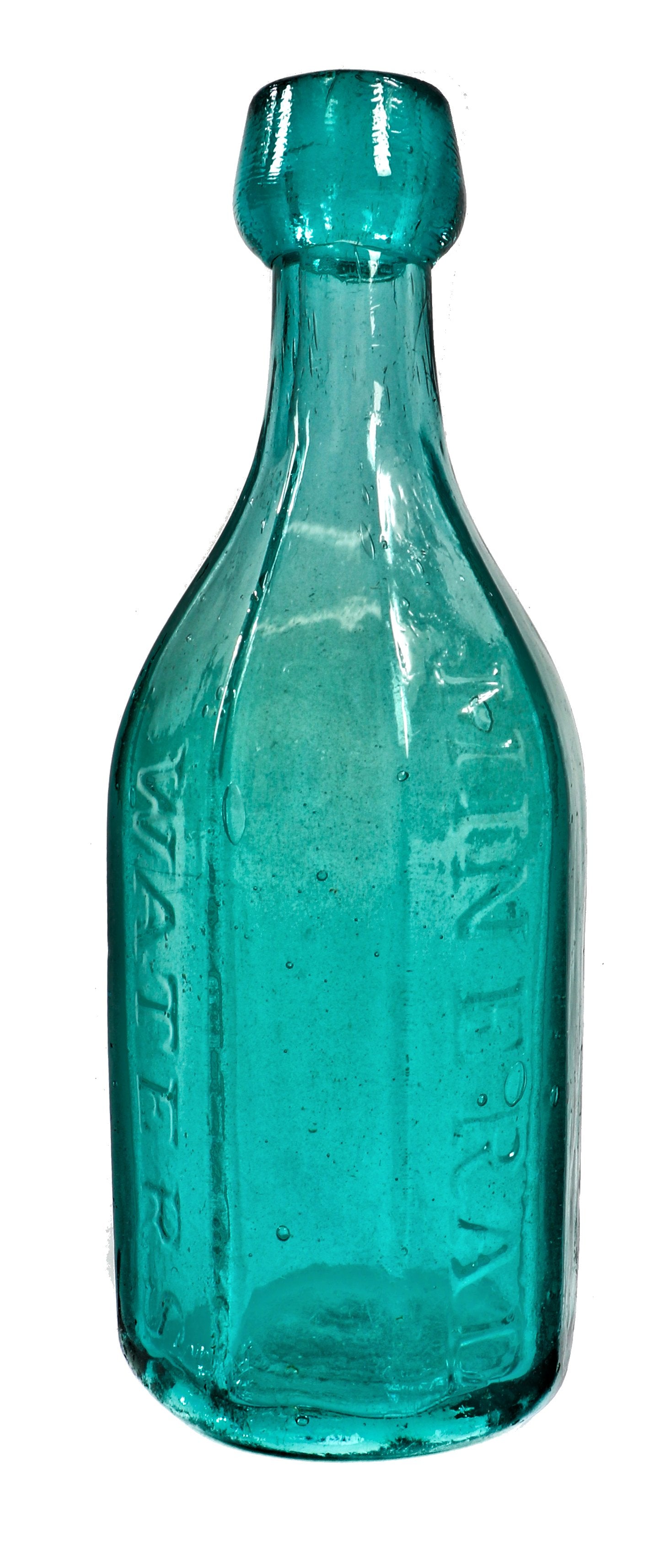 hard to find antique intact mid-nineteenth century vibrant aqua marine glass multi-sided "superior mineral water" manufactured for unknown bottler