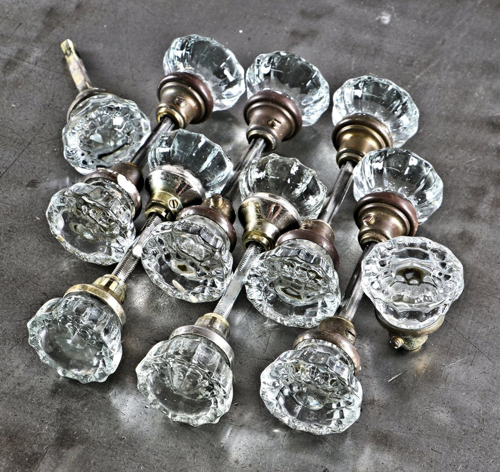 large lot of original c. 1910-1920 antique american pressed glass interior residential salvaged chicago passage door handles with intact threaded steel spindles