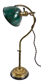 rewired early 20th century antique american office desk or table portable "c-arm" brass tubular lamp with weighted cast iron base and harvey hubbell enameled shade