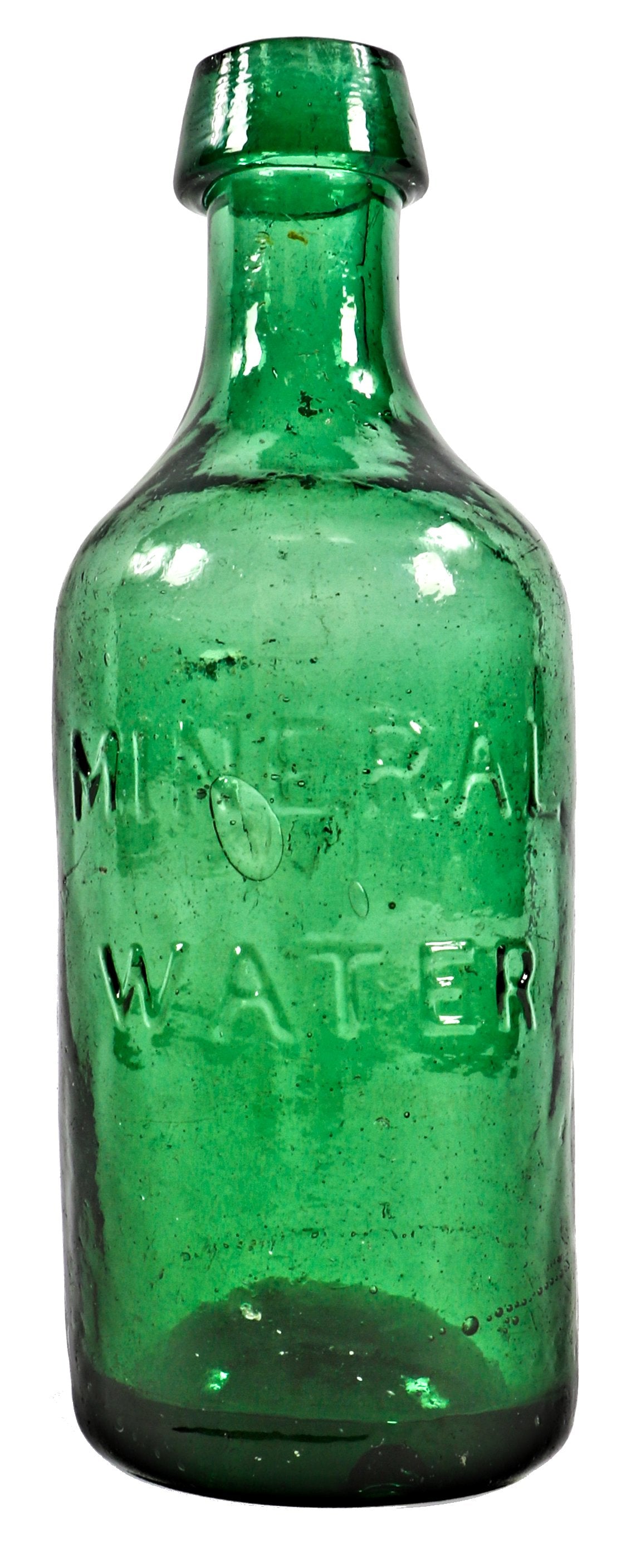 single all original and intact mid-nineteenth century iron pontiled emerald green glass mineral water bottle fabricated for unknown bottler.