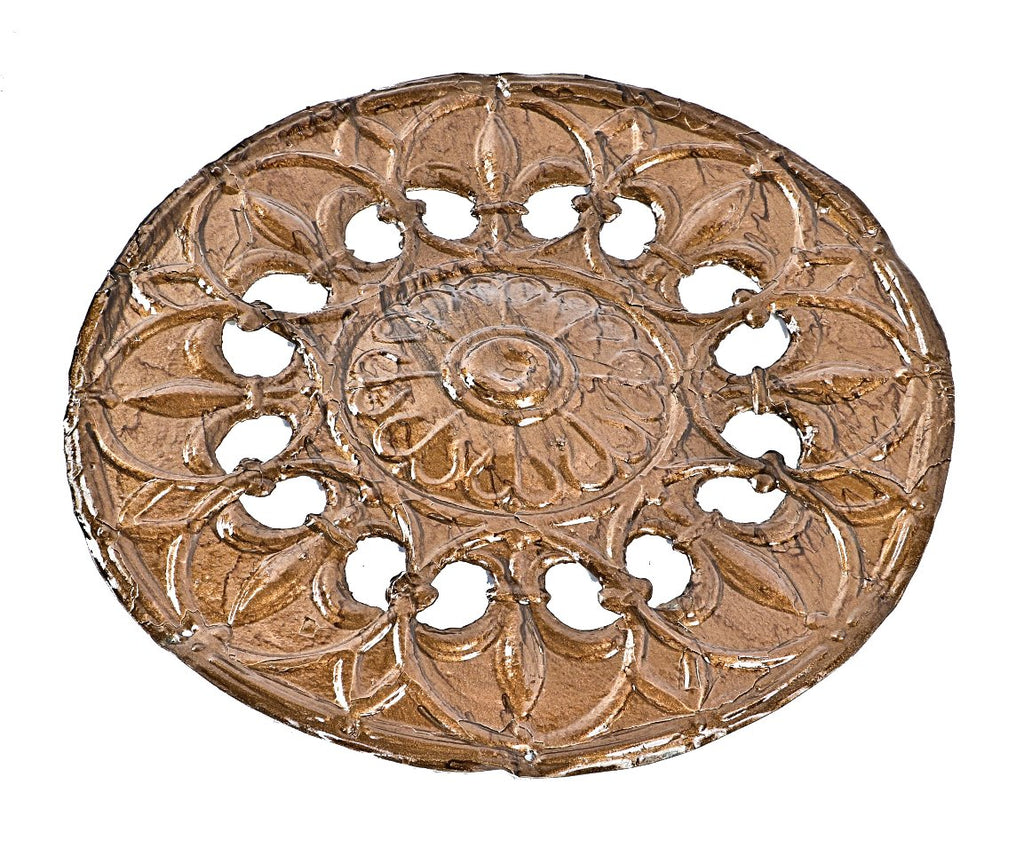original and intact single-sided dark metallic gold enameled perforated tin metal interior salvaged chicago circular-shaped grille or grate