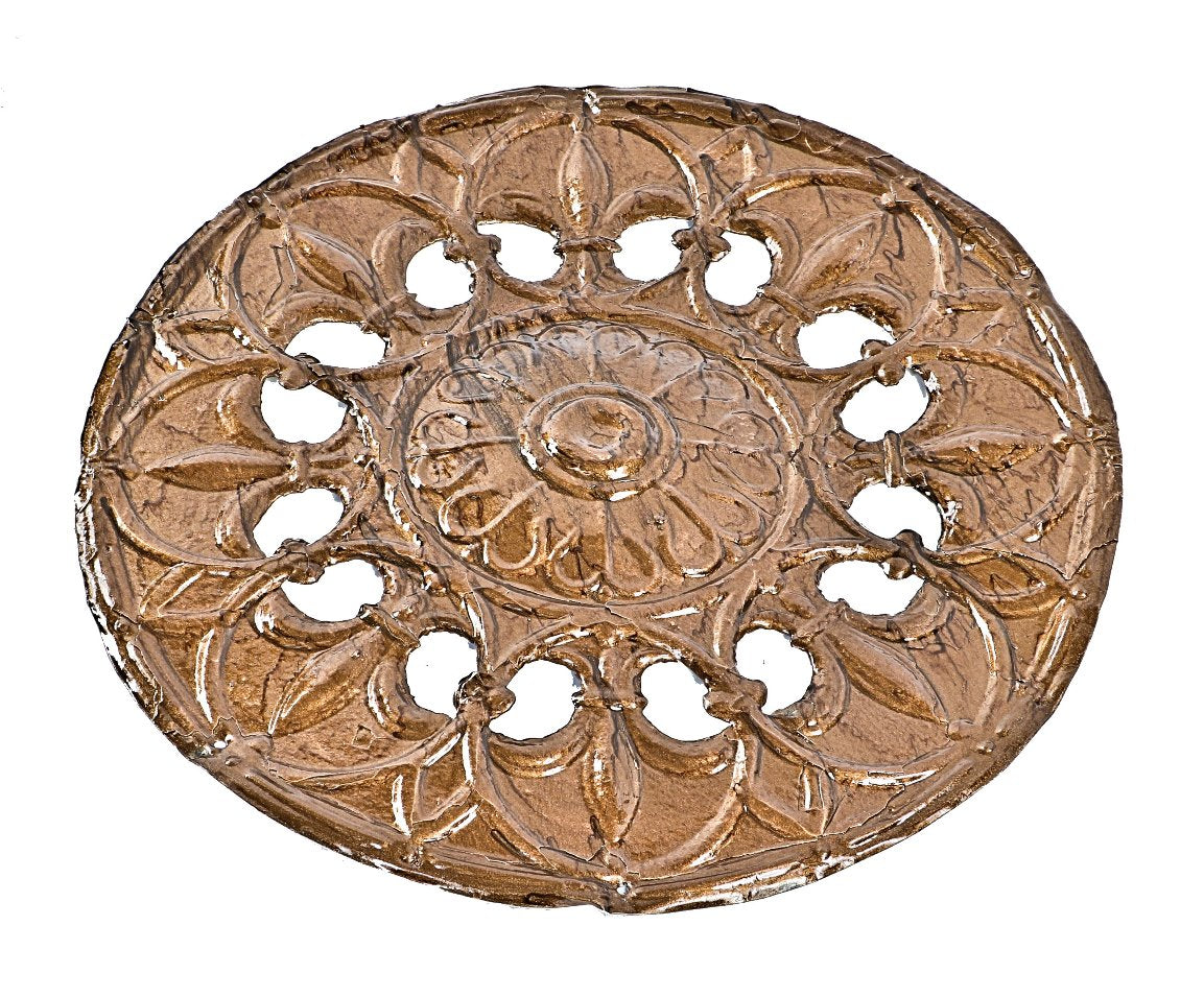 original and intact single-sided dark metallic gold enameled perforated tin metal interior salvaged chicago circular-shaped grille or grate