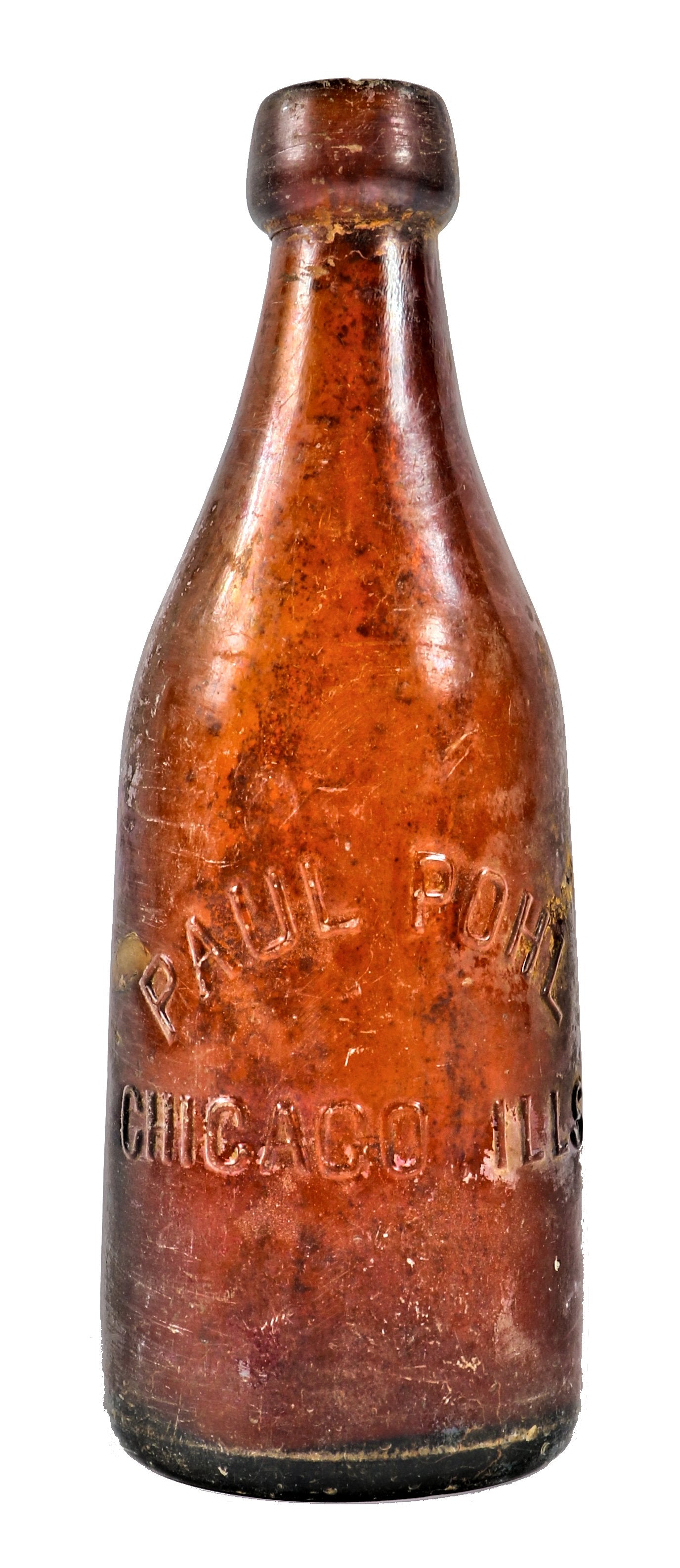 single original and intact american privy dug medium amber glass weiss style beer bottle manufactured for paul pohl in chicago, il.