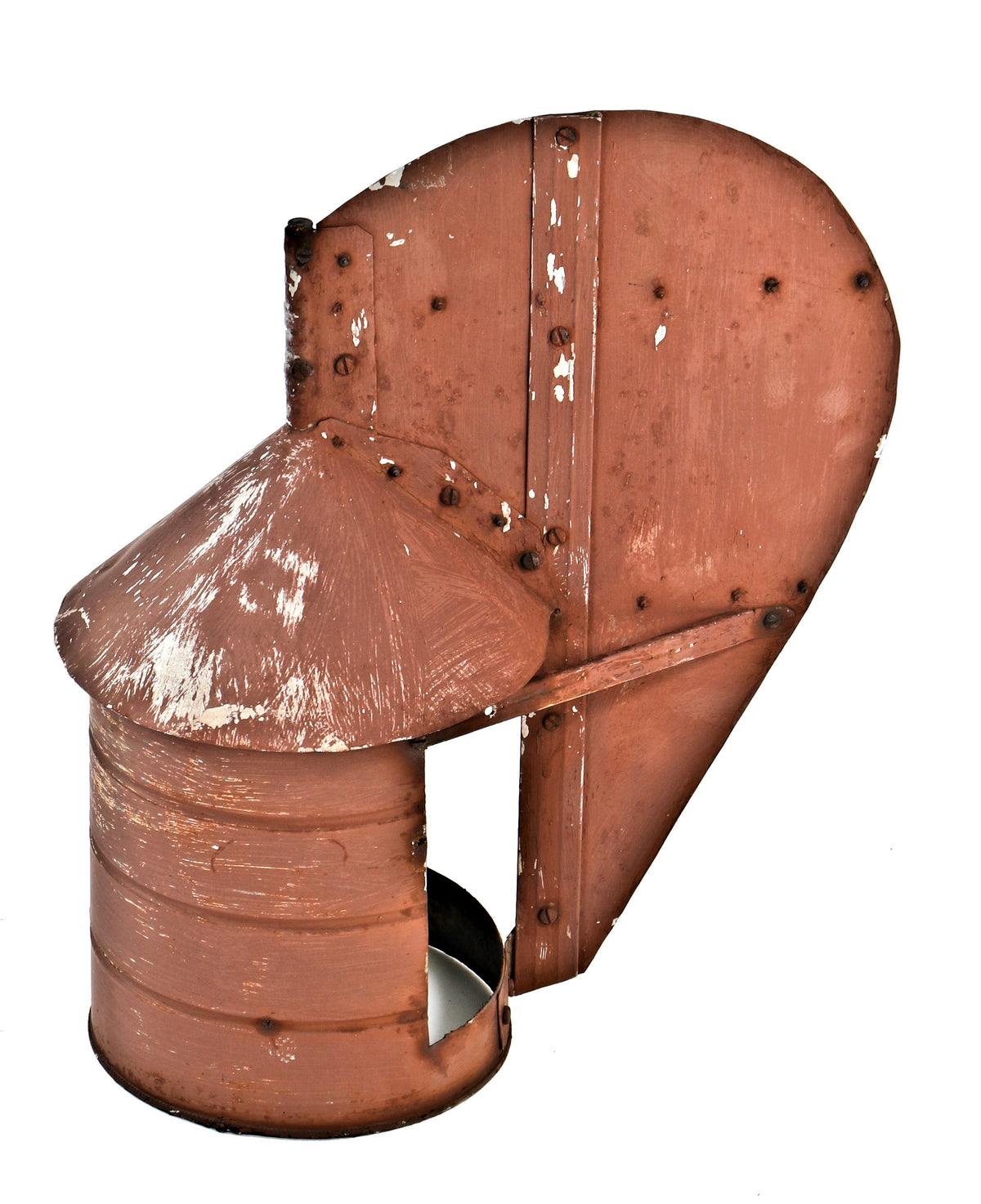 recently salvaged unusual american depression era industrial salvaged chicago residential rooftop folk art coffee can chimney vent with directional tail