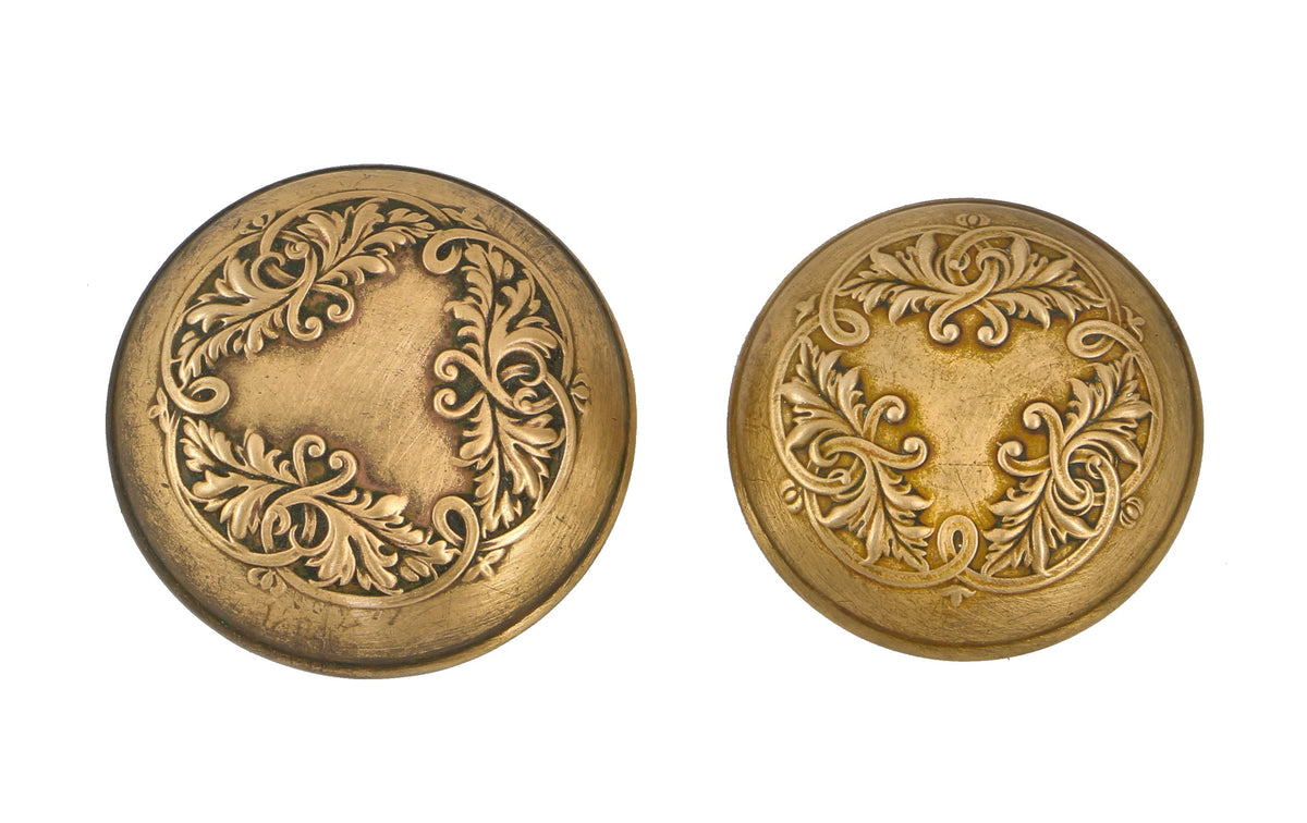 original early 20th century antique american ornamental wrought brass "loriane" pattern residential entrance door handles with nicely aged surface patina