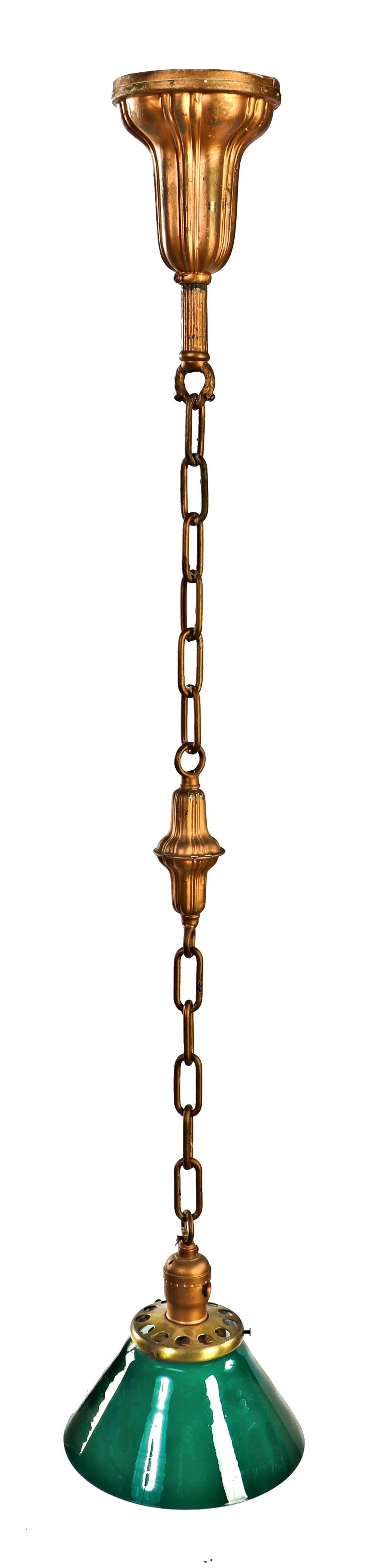 original early 20th century antique american salvaged chicago interior residential r. williamson pendant light fixture with ornate brass canopy and emerald green cased glass shade