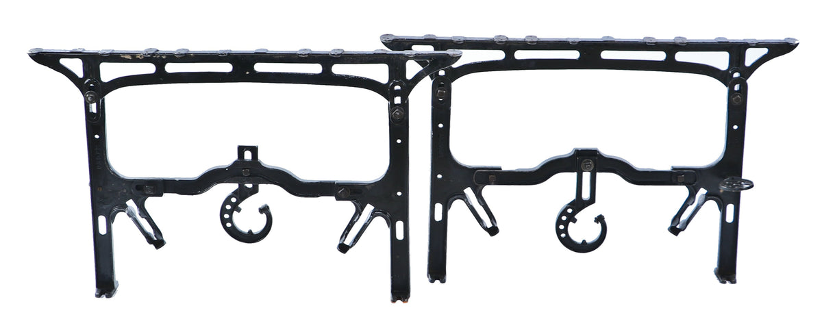 remarkably intact late 19th or early 20th century antique american industrial fully adjustable textile factory baked enameled cast iron machine or table bases with spool holders