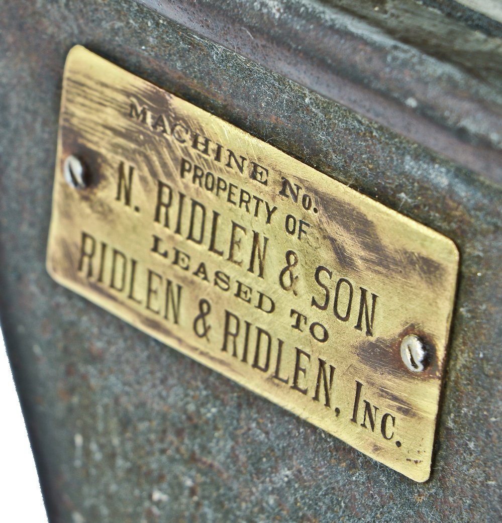 matching set of original early 20th century antique american industrial factory machine shop refinished cast iron power hack saw machine bases