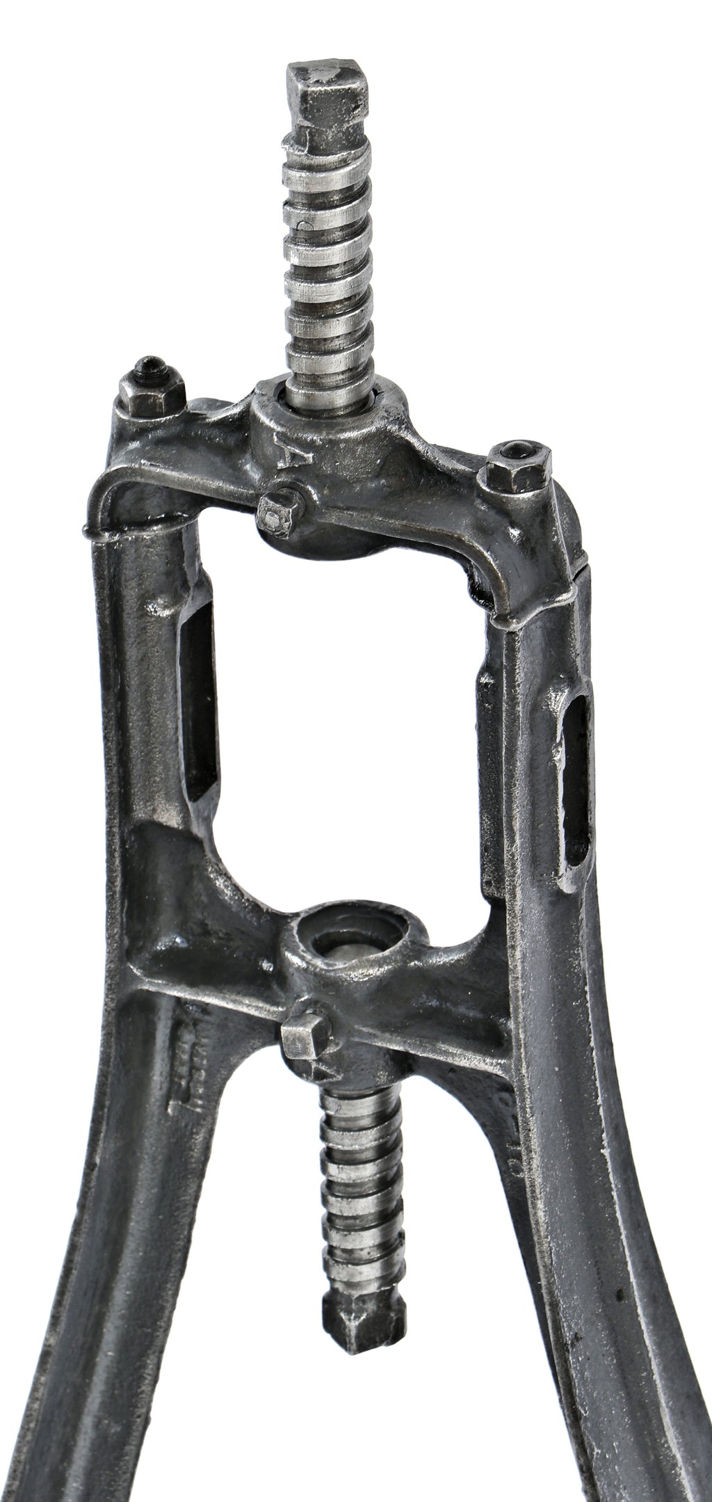 matching set of original early 20th century heavily reinforced cast iron ceiling-mount factory machine shop line shaft pulley brackets with a uniform brushed metal finish