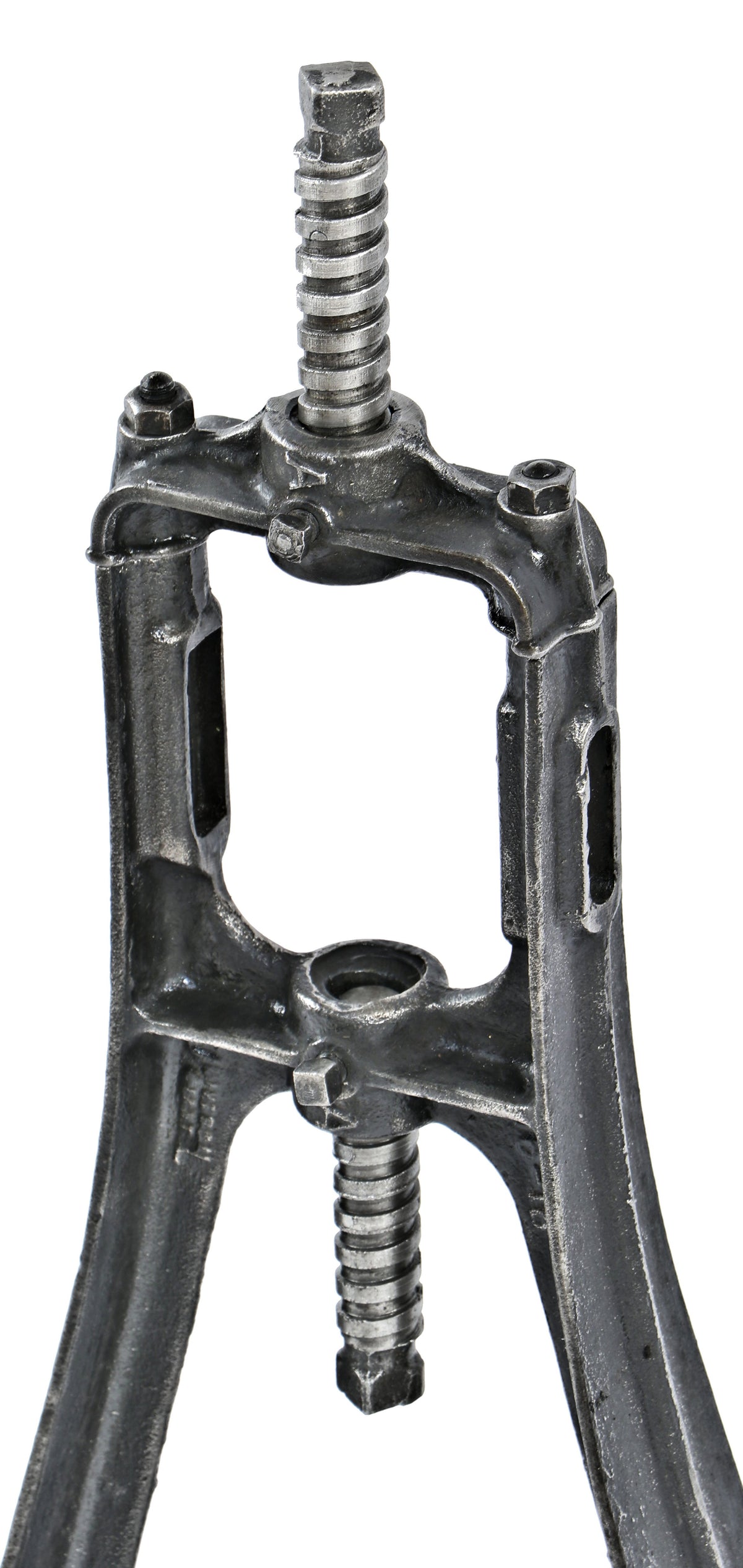 matching set of original early 20th century heavily reinforced cast iron ceiling-mount factory machine shop line shaft pulley brackets with a uniform brushed metal finish