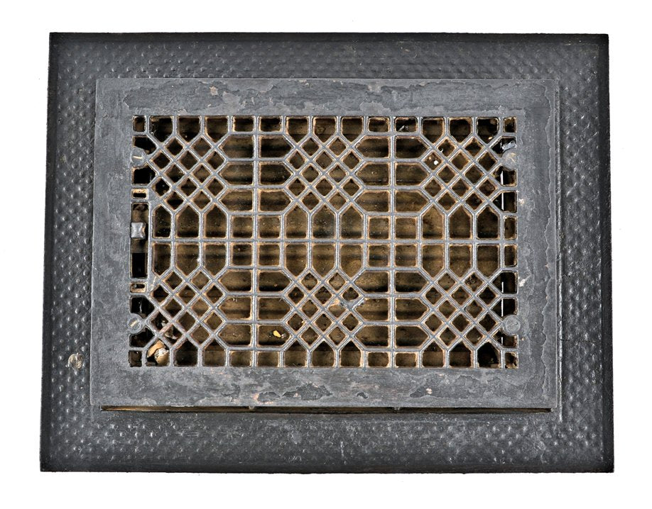 original and intact salvaged chicago late 19th or early 20th century antique american ornamental cast iron "lattice" pattern flush mount register with matching surround