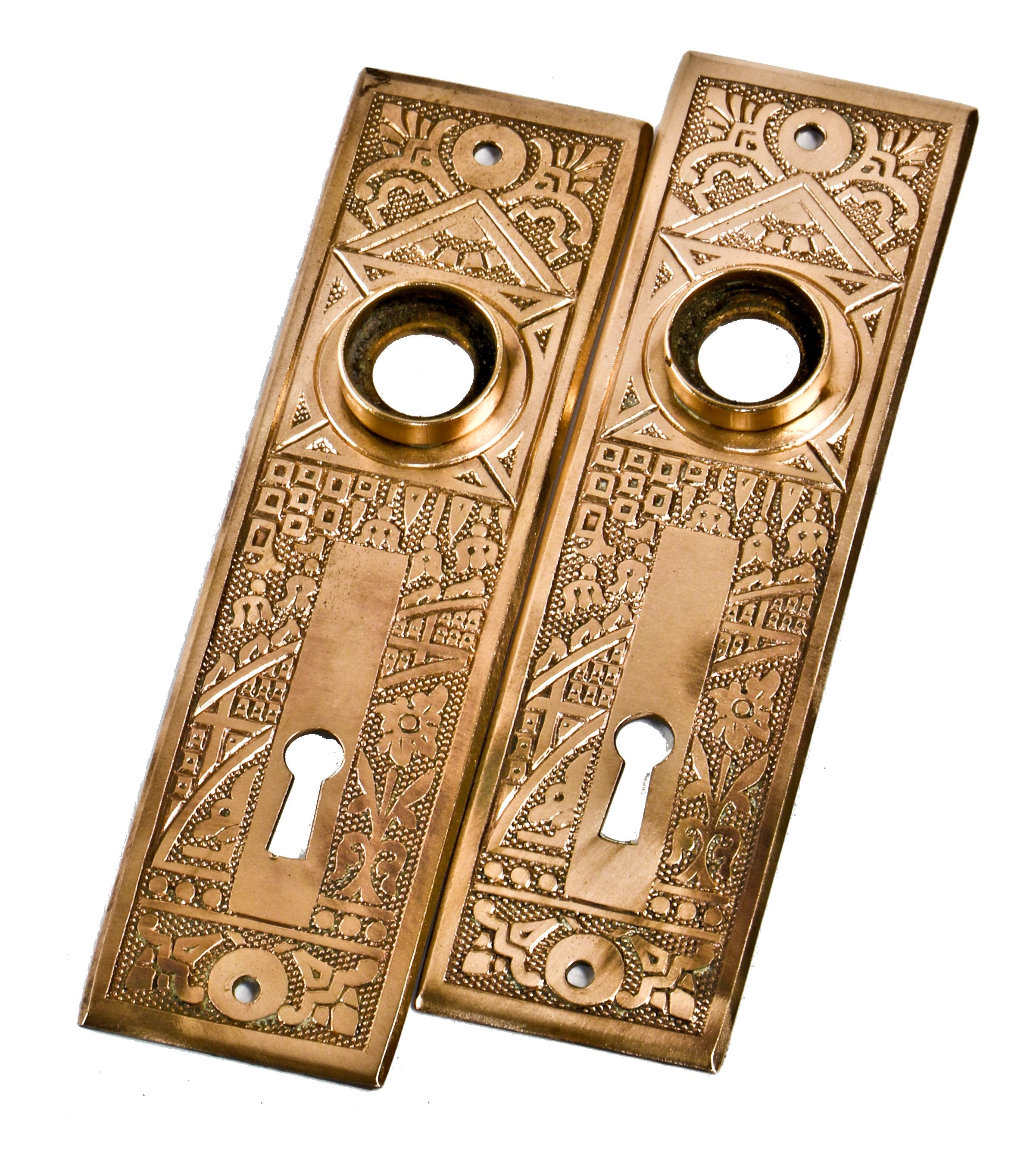two matching all original antique american eastlake style wrought ornamental brass interior residential "ceylon" pattern doorknob backplates or escutcheons