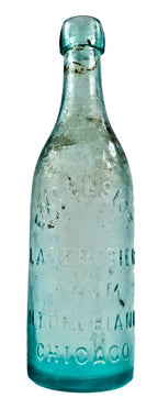 hard to find all original and completely intact antique late nineteenth century aqua blue glass "excelsior lager beer" fabricated for h. torchiani and dug from a chicago area privy pit.