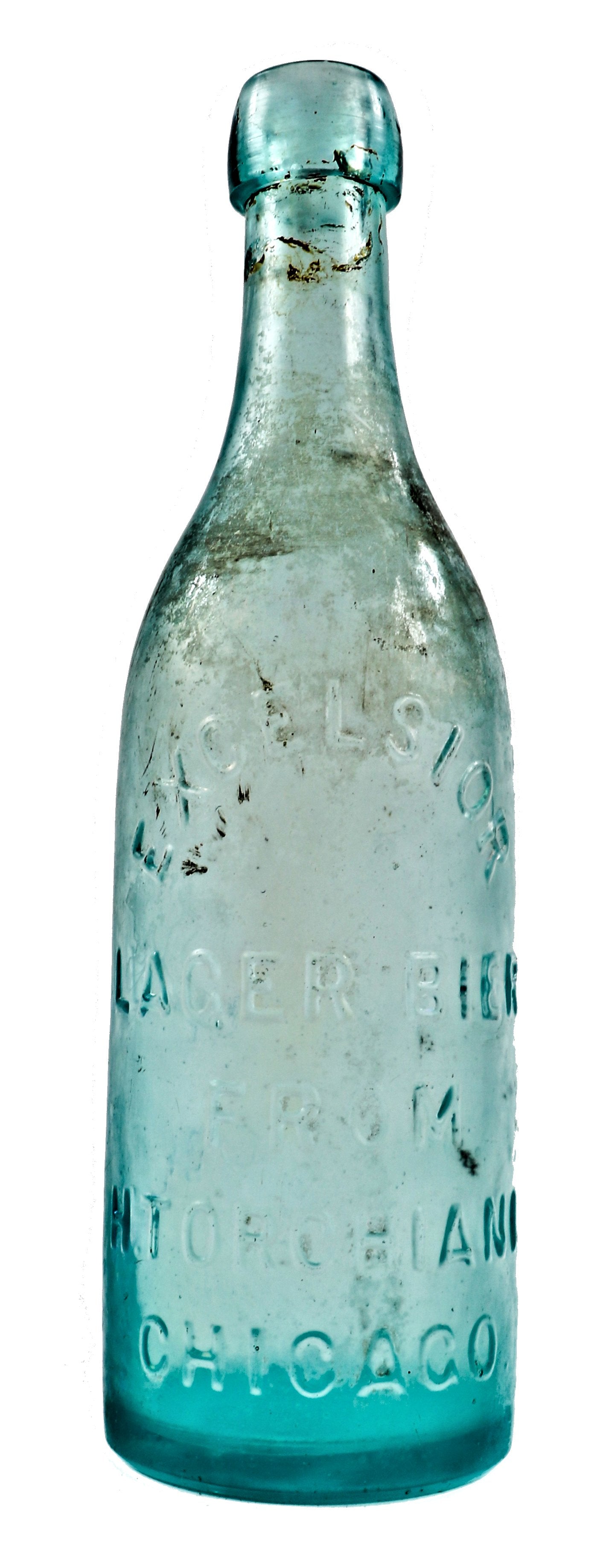 hard to find all original and completely intact antique late nineteenth century aqua blue glass "excelsior lager beer" fabricated for h. torchiani and dug from a chicago area privy pit.