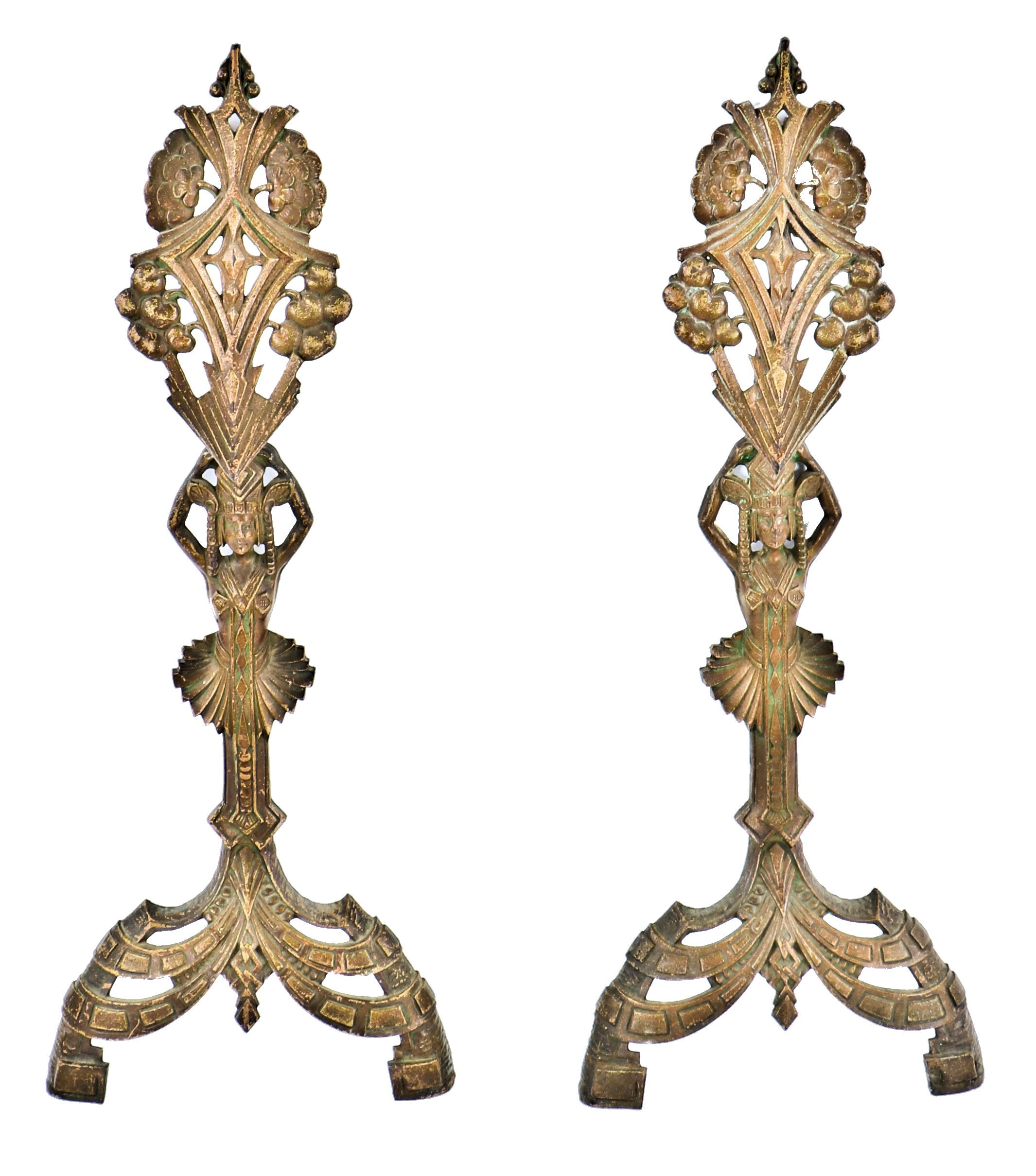 visually striking depression era antique american art deco style metallic gold enameled art deco style "electric log" figural fireplace andirons