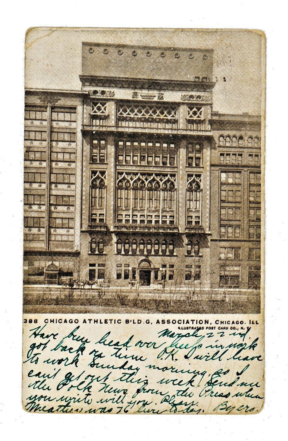 single late nineteenth century antique american post card depicting the chicago athletic association building with handwritten note