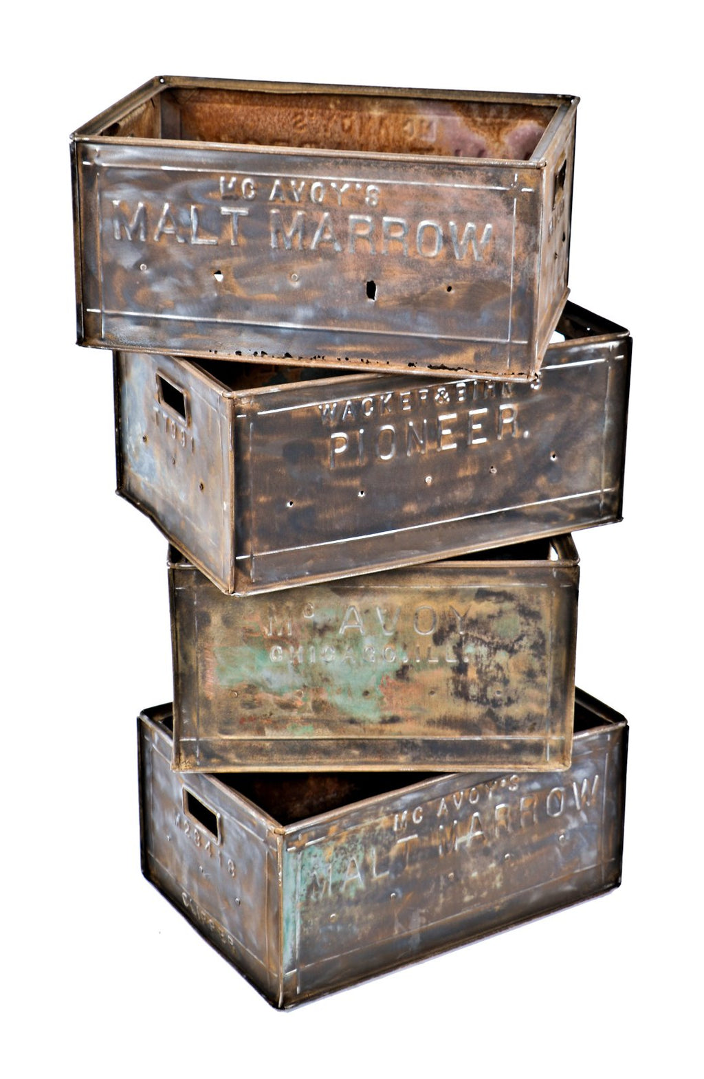 hard to find early 20th century cold-rolled steel wacker and birk "pioneer" beer or soda bottle carrying case with opposed handles and lightly embossed lettering