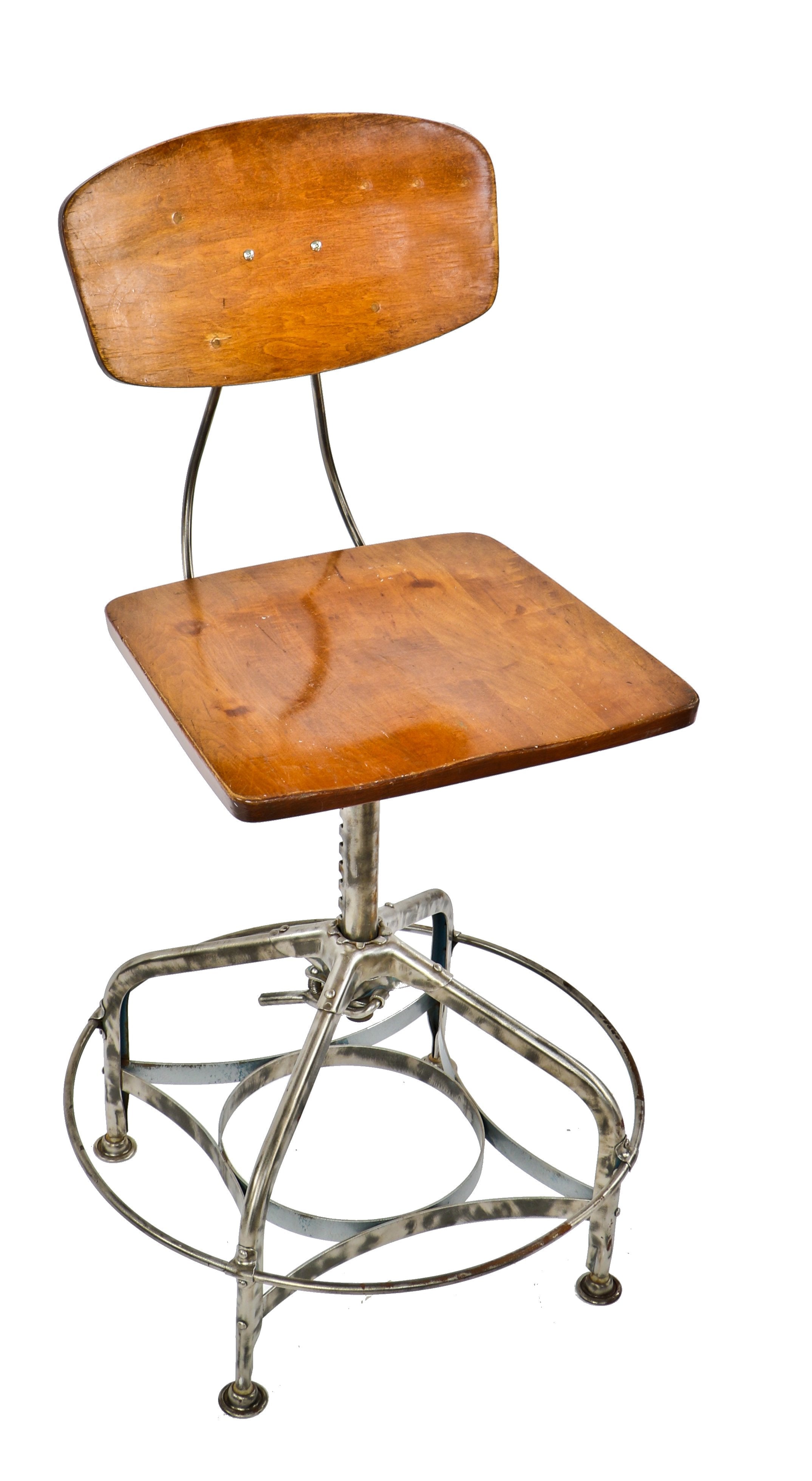 refinished highly desirable antique american industrial "uhl art steel" adjustable height toledo stool with unusually large solid steel heel ring or footrest