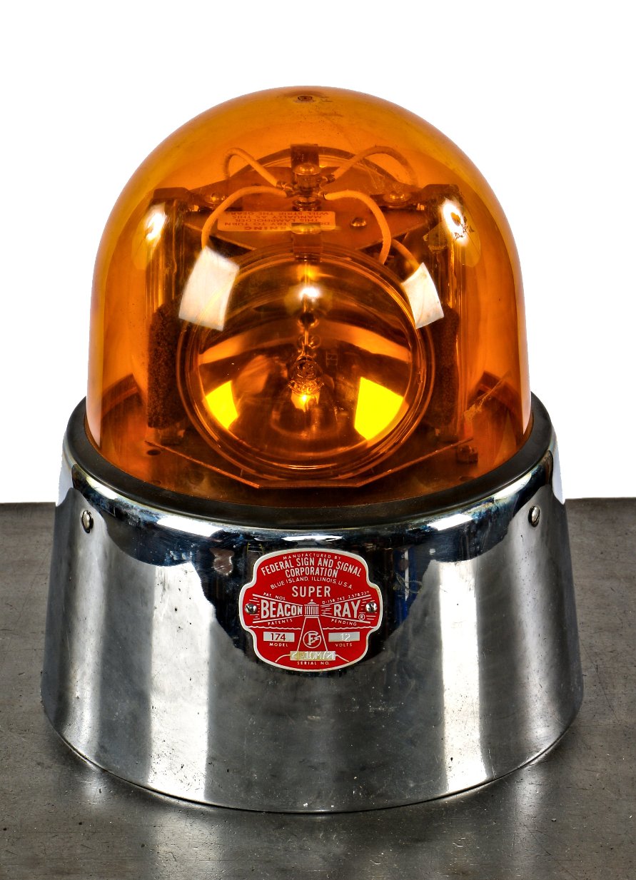 hard to find all original c. 1960's "new old stock" vintage american "revolving beacon" amber or orange danger or warning siren light with box and accessories
