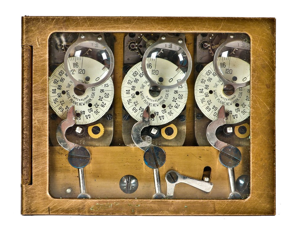 late 1920's original antique american three-movement robust cast bronze salvaged chicago bank building vault door clock with oversized viewable glass pane