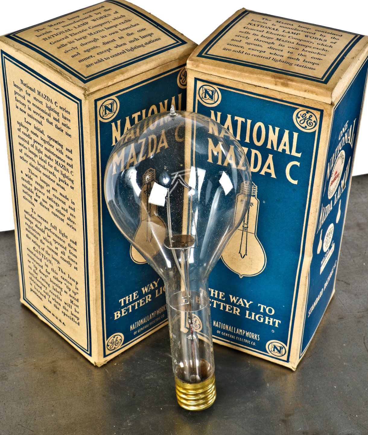 rare oversized salvaged chicago stadium new old stock boxed western electric "sunbeam" mazda "type c" tipped-end light bulbs with mogul bases