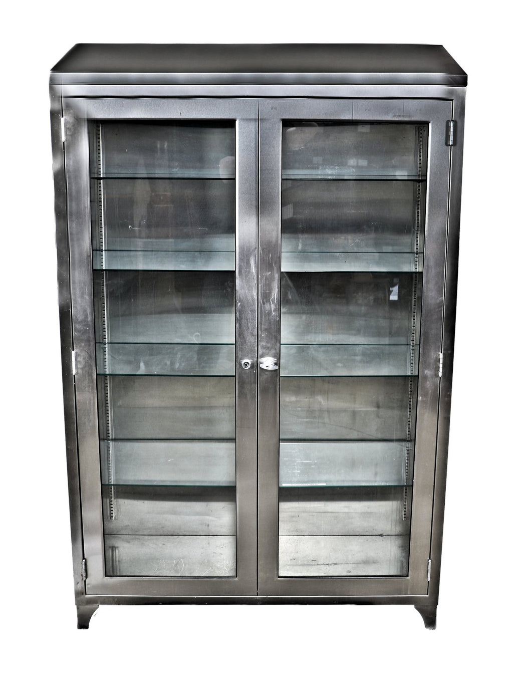 highly sought after all original and well-maintained c. 1950's cook county hospital stainless steel oversized medical cabinet with intact plate glass shelves and steel brackets