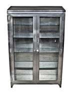 highly sought after all original and well-maintained c. 1950's cook county hospital stainless steel oversized medical cabinet with intact plate glass shelves and steel brackets