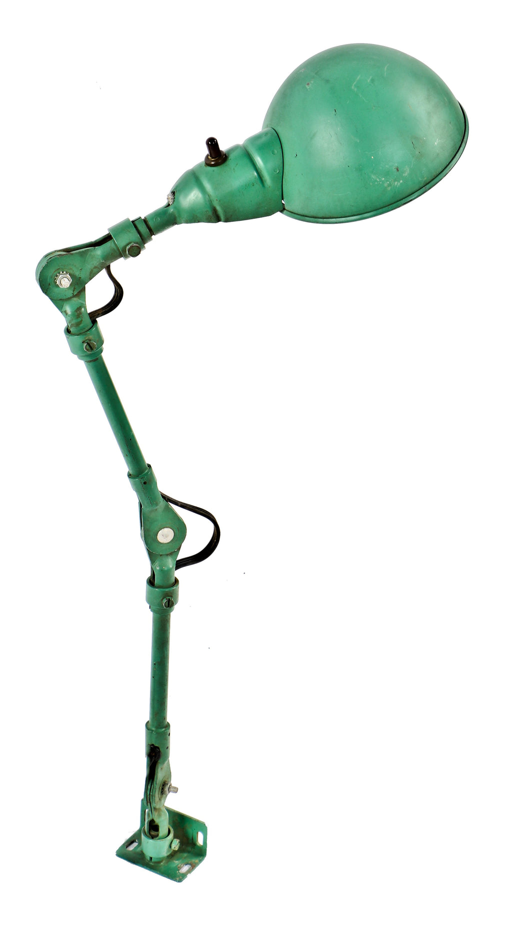 virtually flawless all original and intact factory green enameeled c. 1940's american industrial fully adjustable fostoria factory machine shop lamp with parabolic shade