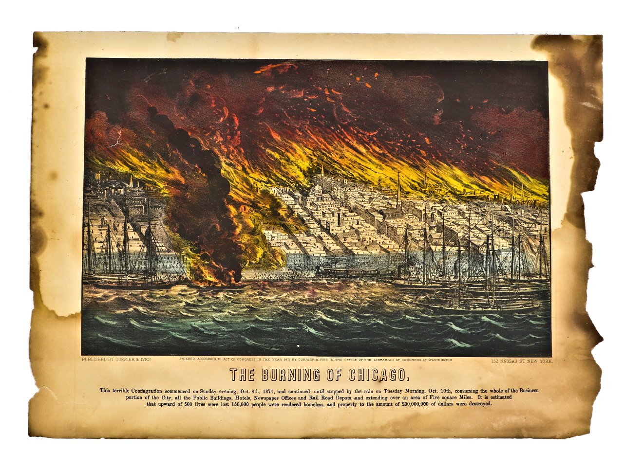 rare all original and largely intact c. 1871 richly colored currier and ives "the burning of chicago" hand-tinted lithograph depicting downtown chicago consumed in fire