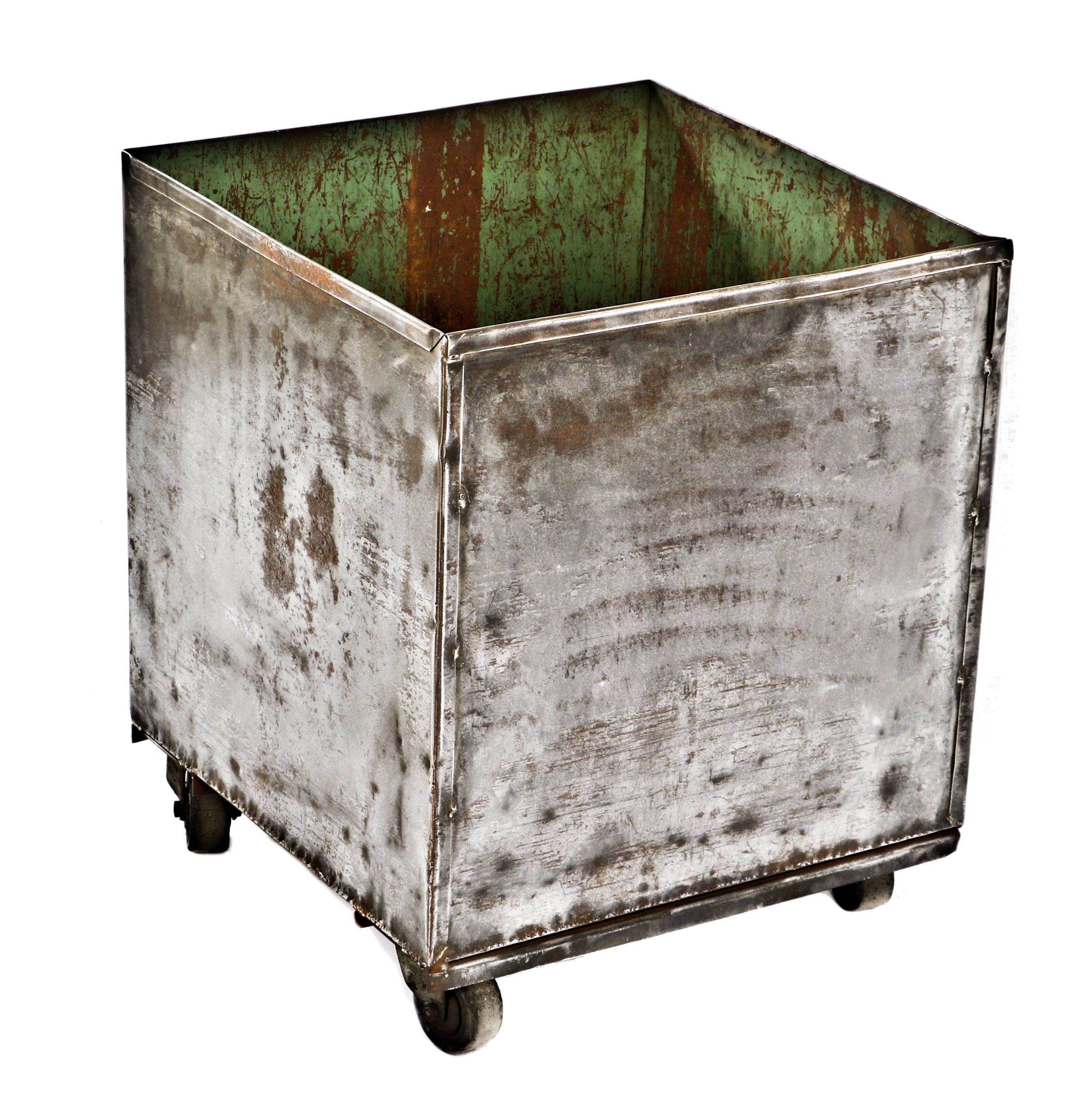 single original and intact american industrial folded and pressed steel mobile factory scrap cart with brushed exterior metal finish sealed with a clear coat lacquer