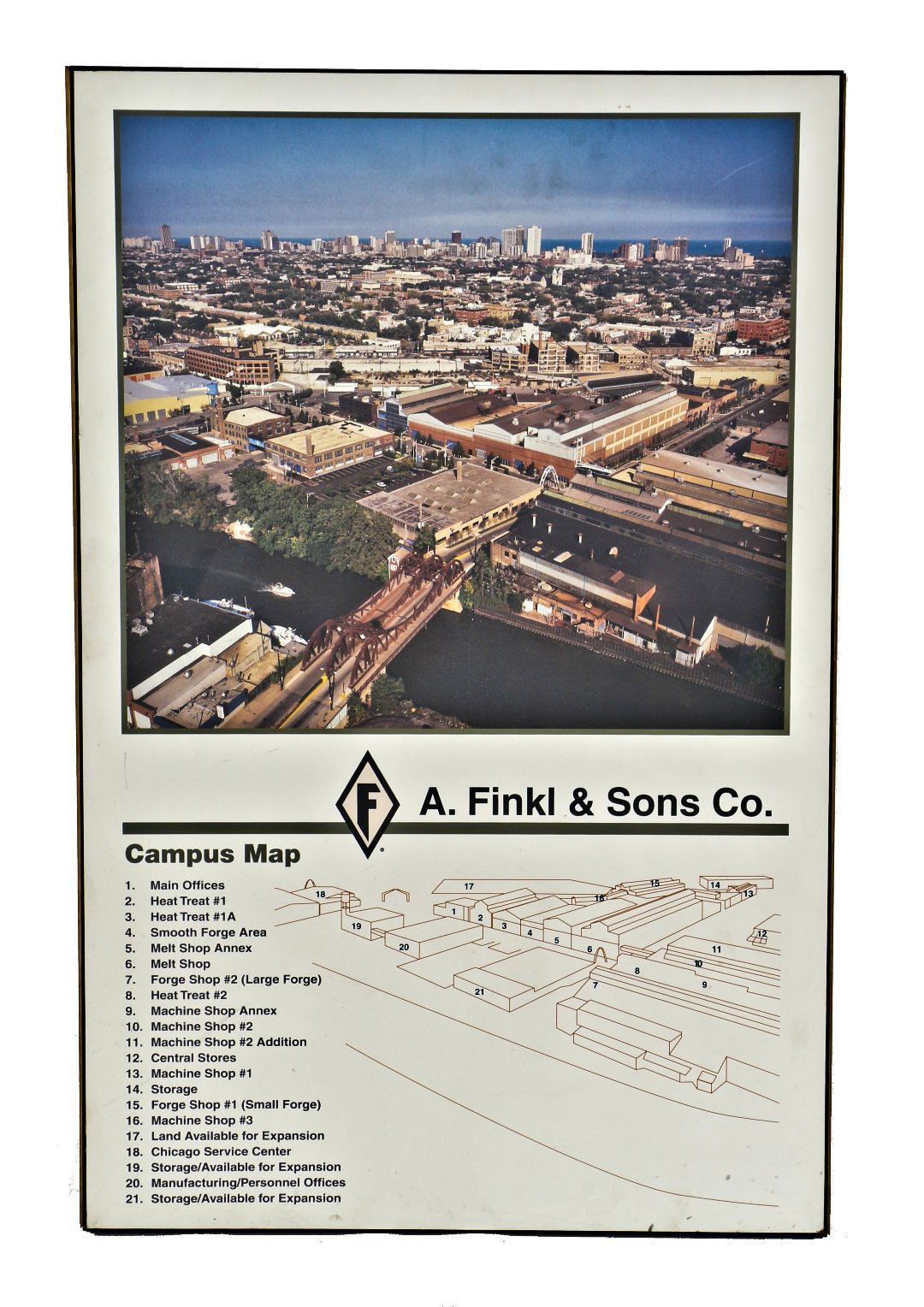 original and intact single-sided interior salvaged administration building wall-mount framed informative finkl foundry building campus map with full-color aeriel view