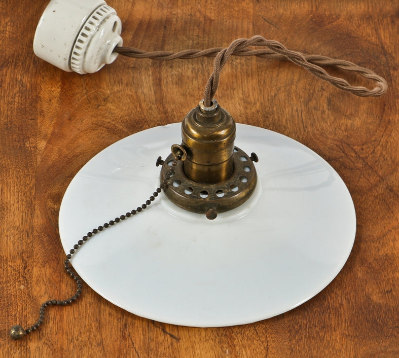 original c. 1900's interior chicago factory building american industrial single electric pendant light fixture with bryant ceramic ceiling canopy and braided cloth cord