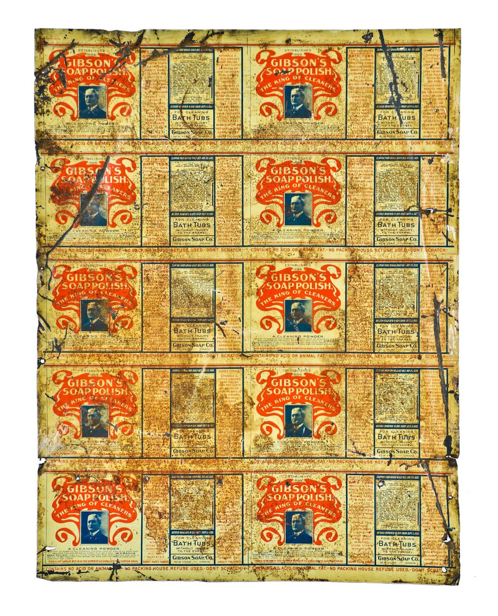 all original turn of the century lithographed metal sheet of "gibson's soap polish" labels or canister components salvaged from a chicago area residence.