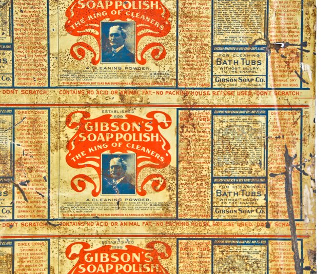 all original turn of the century lithographed metal sheet of "gibson's soap polish" labels or canister components salvaged from a chicago area residence.