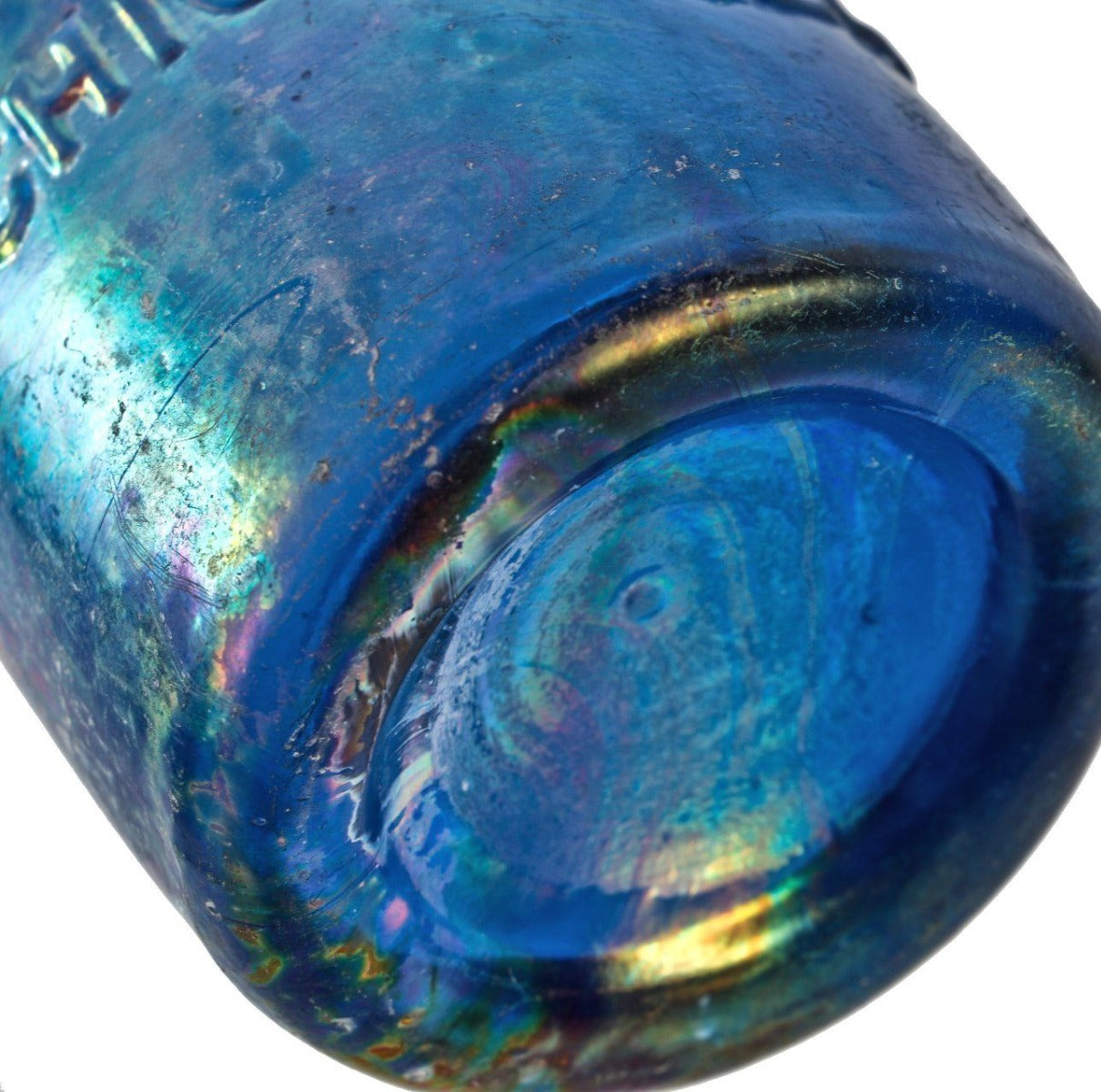 original antique american mid-nineteenth century irridized cobalt blue glass iron-pontiled soda bottle fabricated for john hedlund & company in chicago, ills.