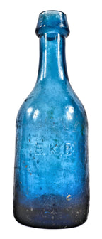 single rare dug and all original mid-nineteenth century vibrant medium cobalt blue glass pontiled soda bottle fabricated for edward bebbington in chicago, ills.