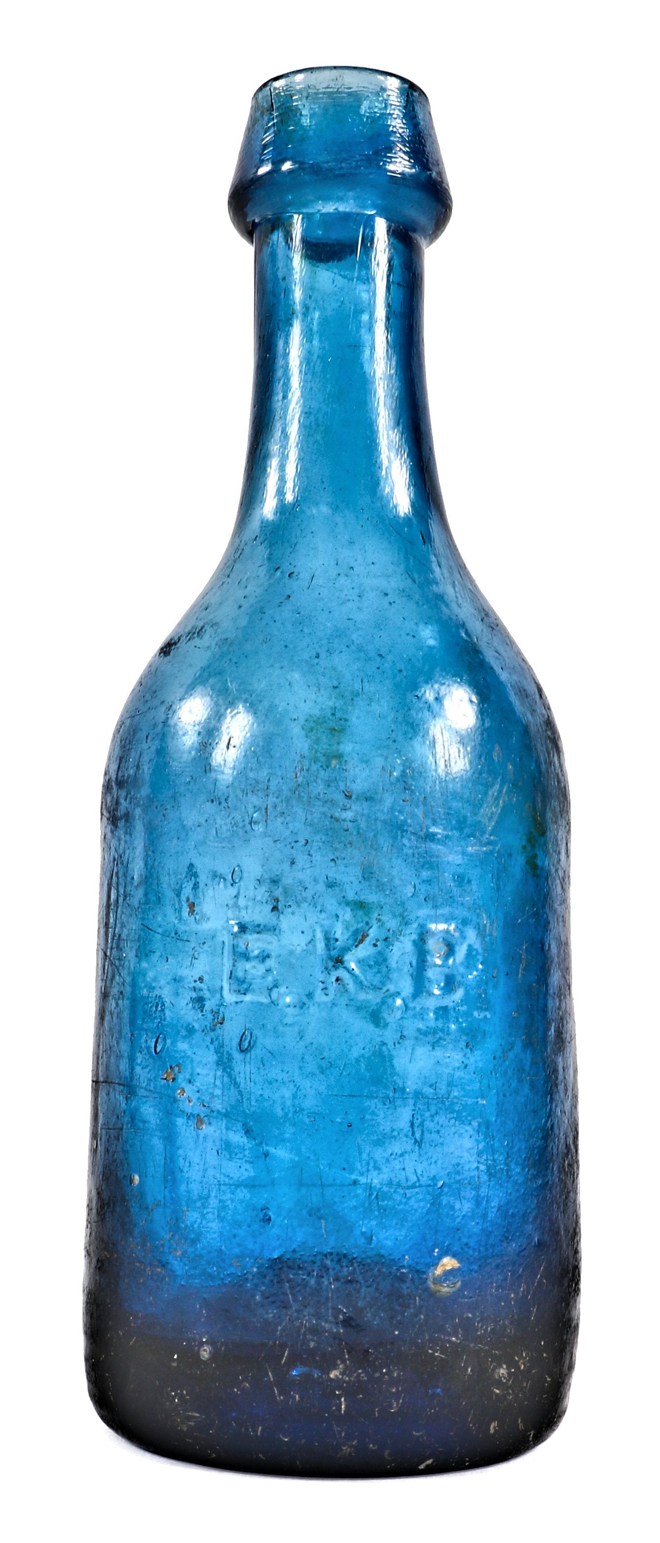 single rare dug and all original mid-nineteenth century vibrant medium cobalt blue glass pontiled soda bottle fabricated for edward bebbington in chicago, ills.