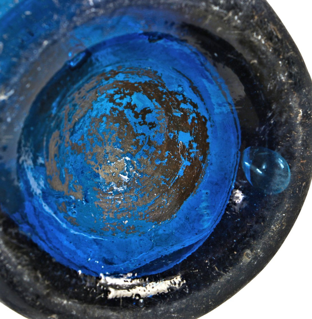 single rare dug and all original mid-nineteenth century vibrant medium cobalt blue glass pontiled soda bottle fabricated for edward bebbington in chicago, ills.