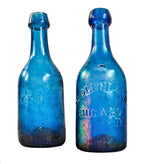 original antique american mid-nineteenth century irridized cobalt blue glass iron-pontiled soda bottle fabricated for john hedlund & company in chicago, ills.