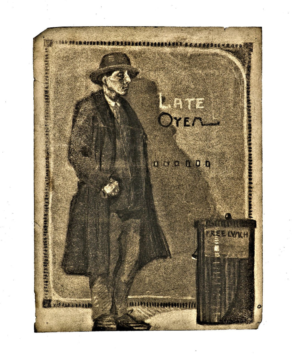 single all original late nineteenth or early 20th century "late oyen" figurative charcoal drawing with detailed border and "free lunch" sign against trash can