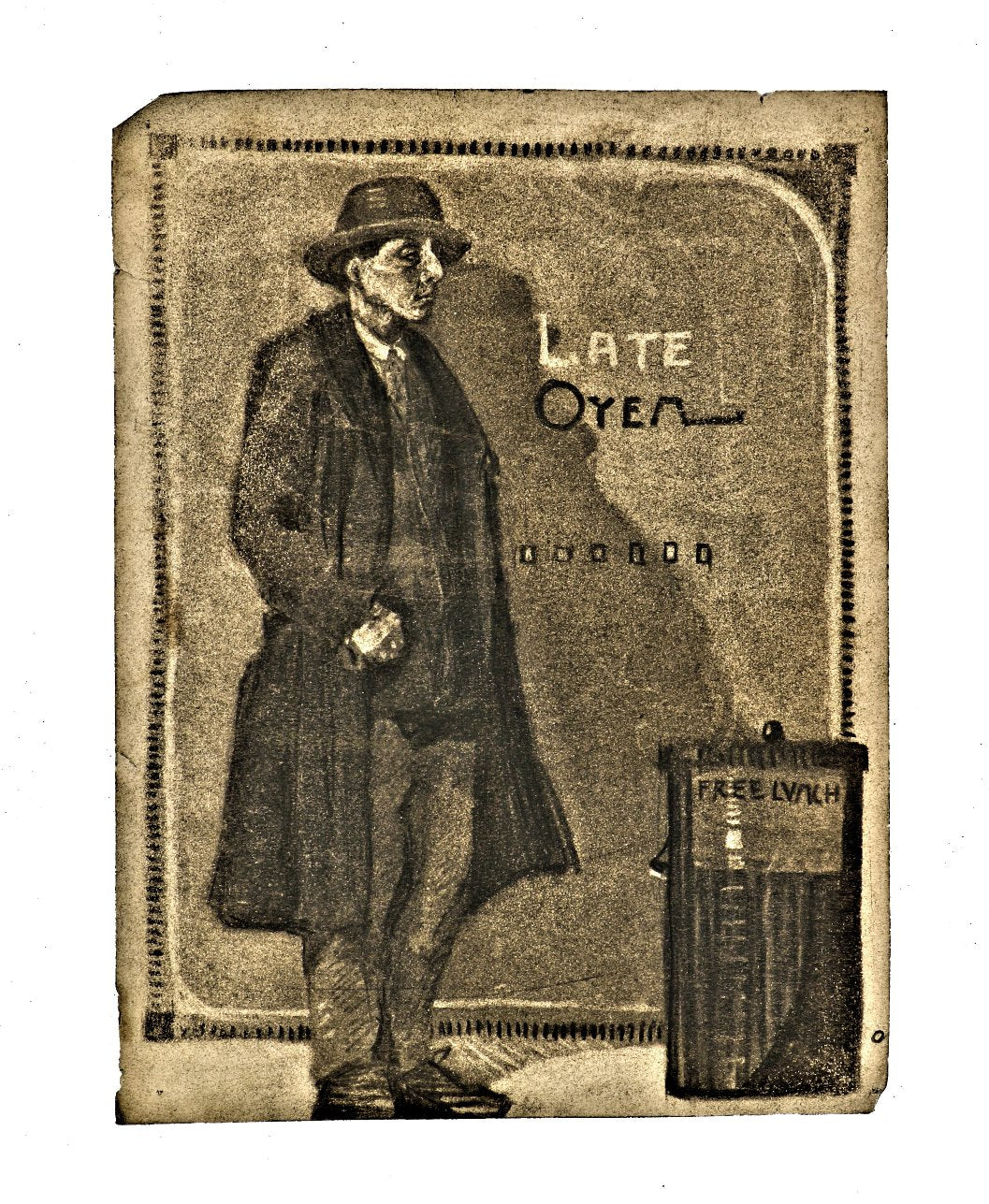 single all original late nineteenth or early 20th century "late oyen" figurative charcoal drawing with detailed border and "free lunch" sign against trash can