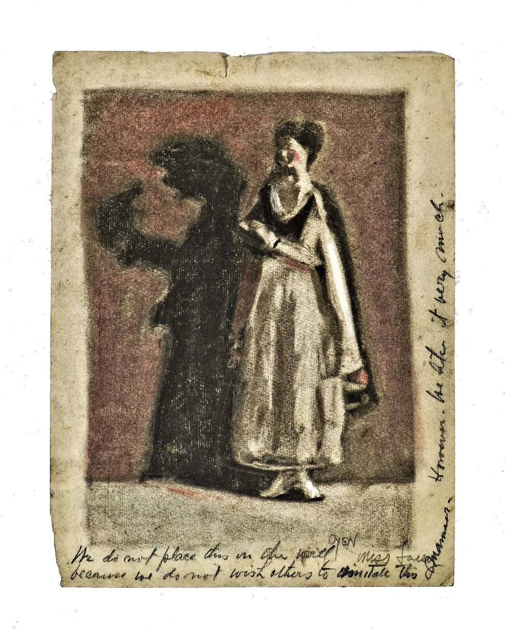 single all original detailed late nineteenth or eatly 20th centuy odin j. oyen pastel drawing on loose leaf paper featuring a standing woman with notes along the edges