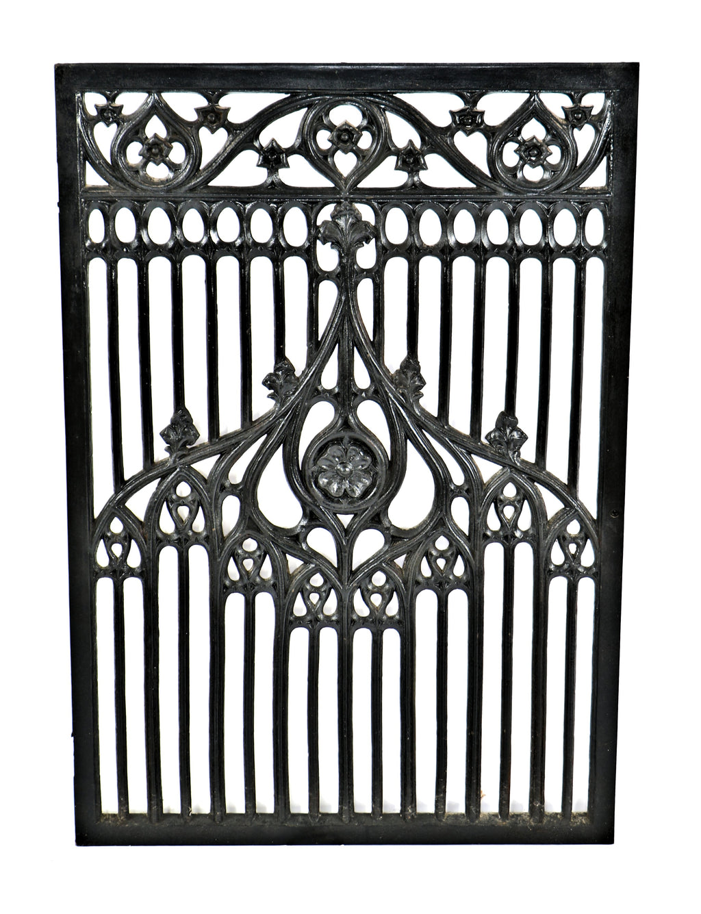 turn of the century exceptional interior hammond masonic temple ornamental black enameled gothic revival cast iron teller booth perforated grille
