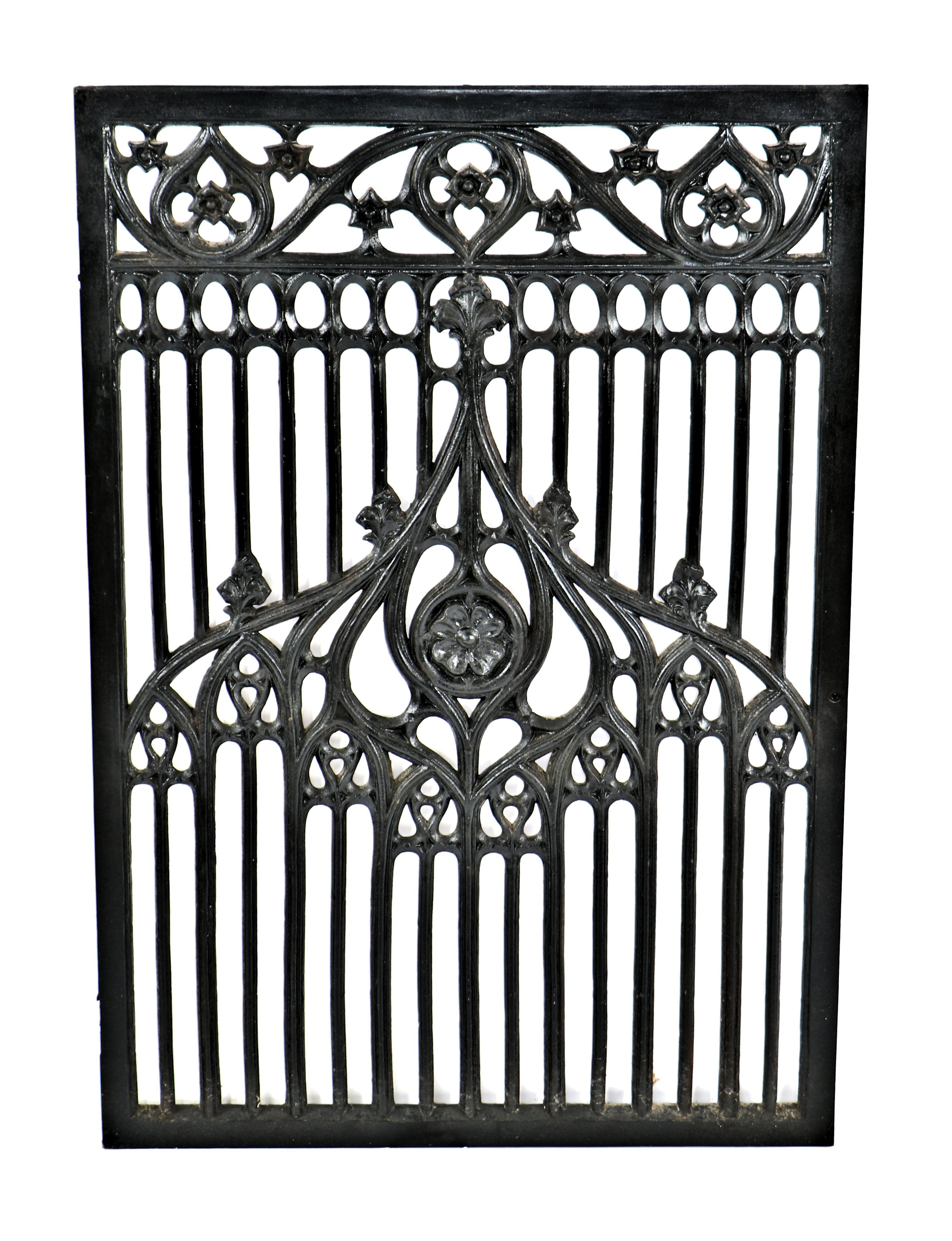 turn of the century exceptional interior hammond masonic temple ornamental black enameled gothic revival cast iron teller booth perforated grille