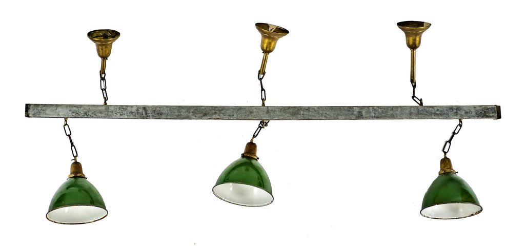 unique c. 1920's hammond masonic temple building game room ceiling-mount billiards light fixture with matching green porcelain enameled deep bowl rolled rim reflectors