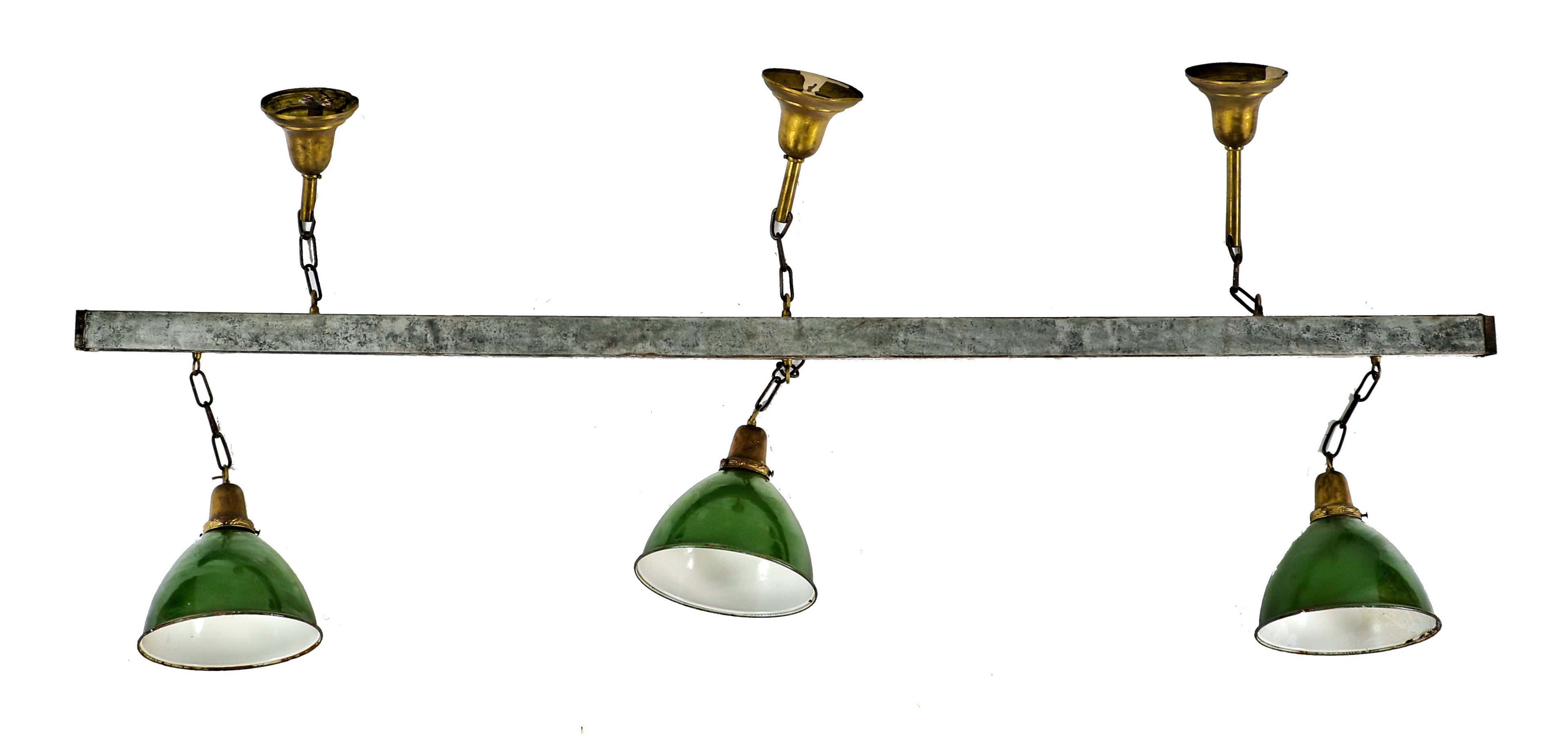 unique c. 1920's hammond masonic temple building game room ceiling-mount billiards light fixture with matching green porcelain enameled deep bowl rolled rim reflectors