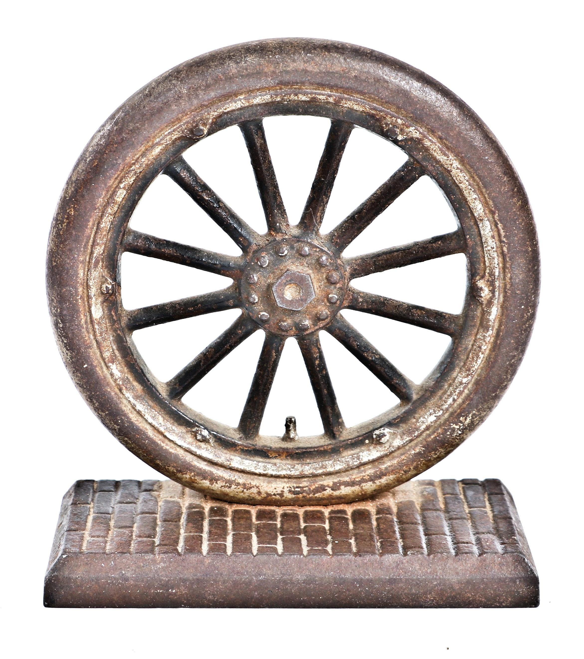 single original and intact early 20th century antique american industrial nicely aged cast iron spoked automobile wheel bookend attached to a faux stone paver street